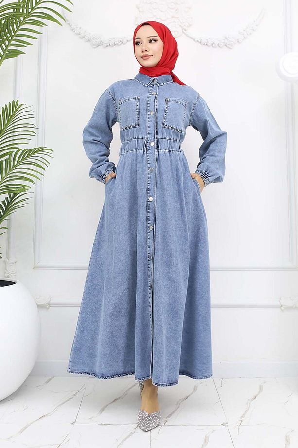 Düğmeli Kot Elbise Mavi 6101 - 1