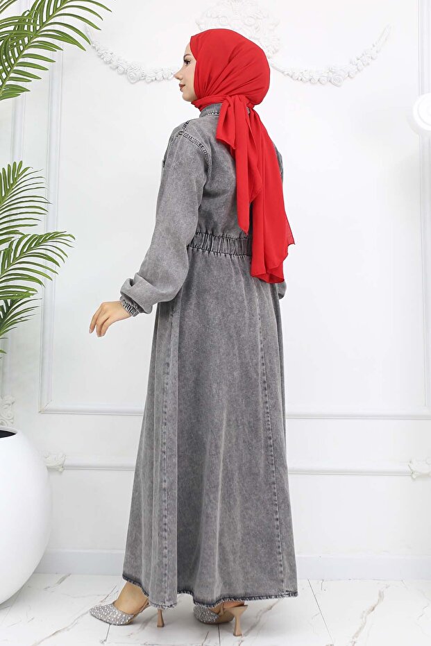 Düğmeli Kot Elbise Siyah 6101 - 6