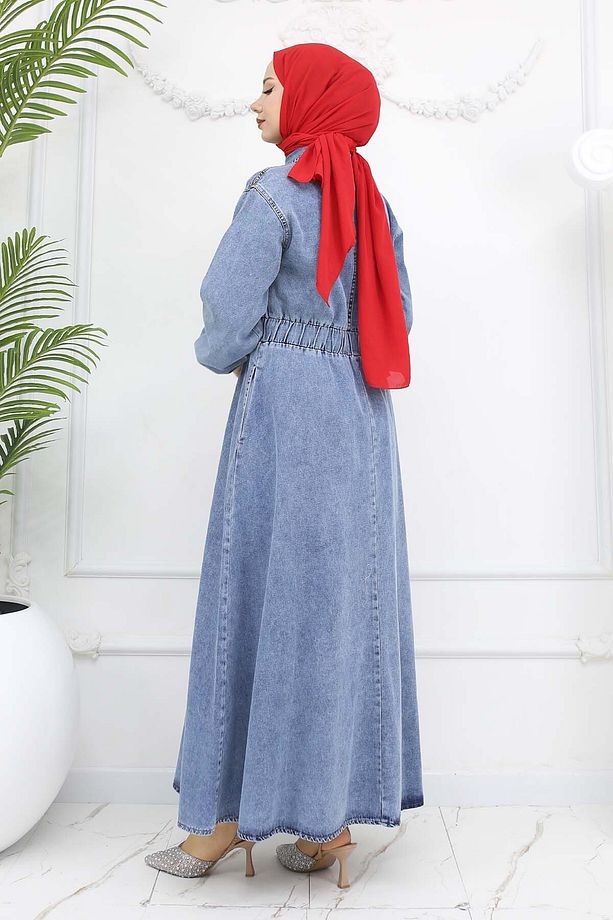 Düğmeli Kot Elbise Mavi 6101 - 6