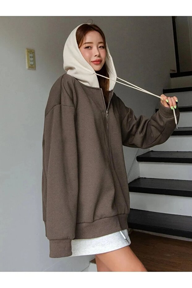 Women's Brown Beige Hooded Zipper Jacket