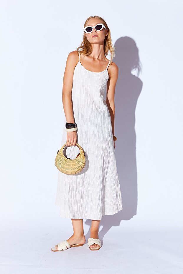 Natural Linen Look, Comfortable Cut, Maxi Length Women's Dress with Wrinkled Straps | Mks289501-01