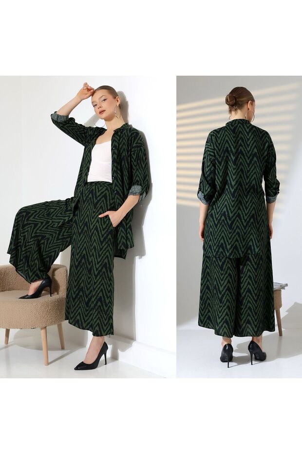 Women's Khaki Print Shirt Tunic Rubber Waisted Pants Set