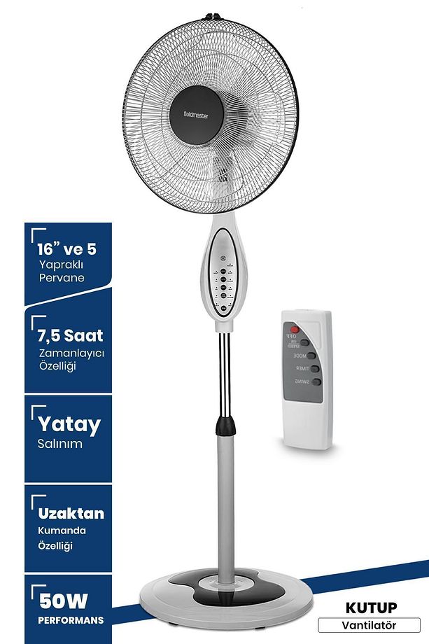 Kutup 16 inch Bakır Motorlu Yatay Salınımlı Hız Ve Zaman Ayarlı Uzaktan Kumandalı Ayaklı Vantilatör - 1