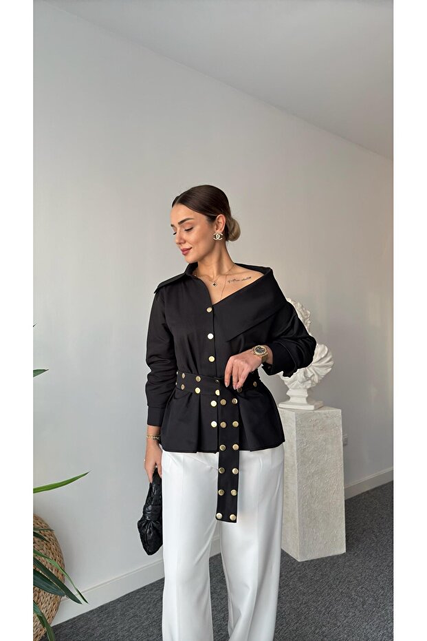 Diana Design Belted Studded Asymmetric Shirt