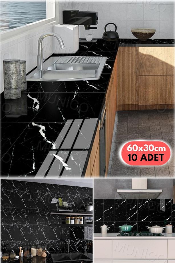 10 Adet Su Geçirmez Siyah Duvar Stickerı 3D Duvar Dekor Duvar Kağıdı Banyo Mermer 60x30cm Yapışkanlı - 2