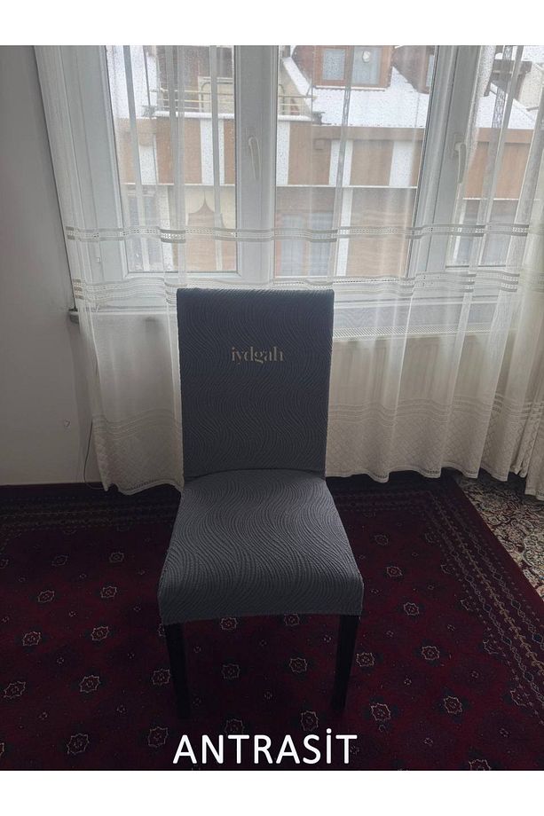 Lüks Jakarlı Su Yolu Desen Düz Sandalye Örtüsü. Lastikli Şık Sandalye Kılıfı 1.adet Antrasit - 1