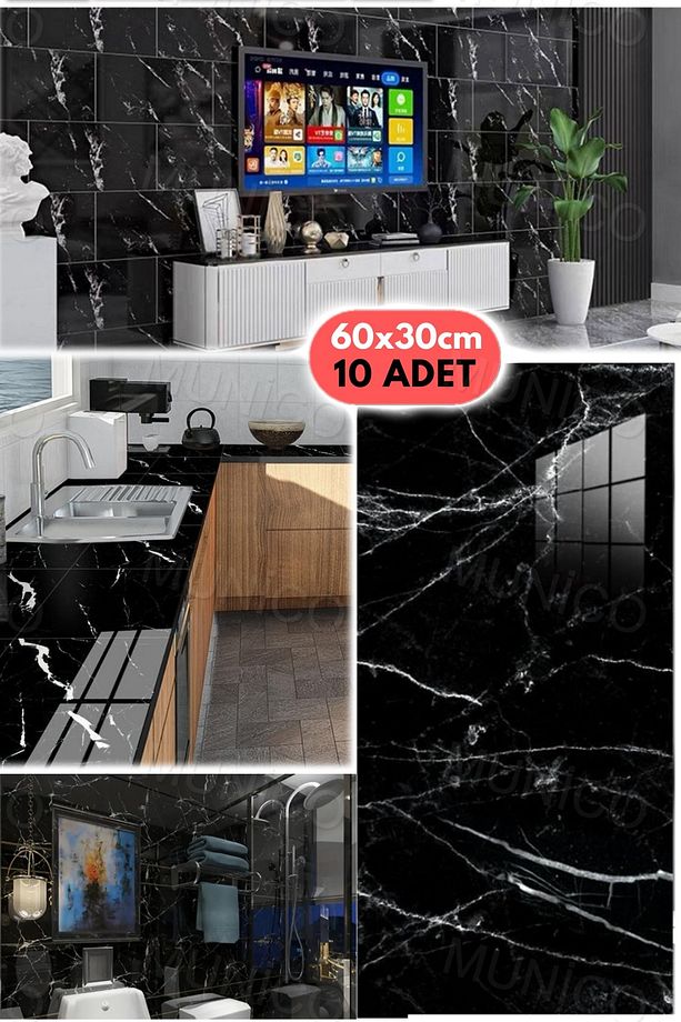 10 Adet Su Geçirmez Siyah Duvar Stickerı 3D Duvar Dekor Duvar Kağıdı Banyo Mermer 60x30cm Yapışkanlı - 8