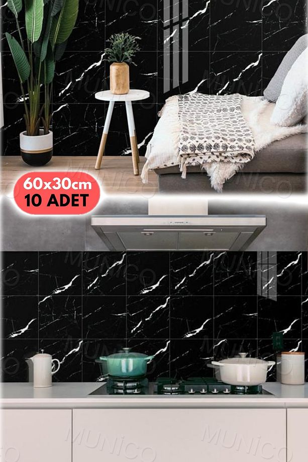 10 Adet Su Geçirmez Siyah Duvar Stickerı 3D Duvar Dekor Duvar Kağıdı Banyo Mermer 60x30cm Yapışkanlı - 7