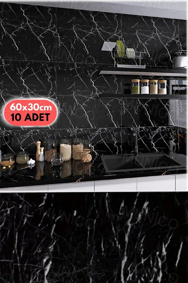 10 Adet Su Geçirmez Siyah Duvar Stickerı 3D Duvar Dekor Duvar Kağıdı Banyo Mermer 60x30cm Yapışkanlı - 5