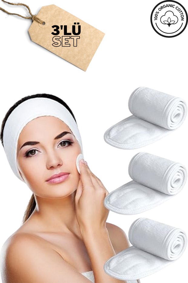 Hair Band Set of 3 White Color Towel Men & Women Makeup Yoga Spa Athlete Bandana with Velcro Tape