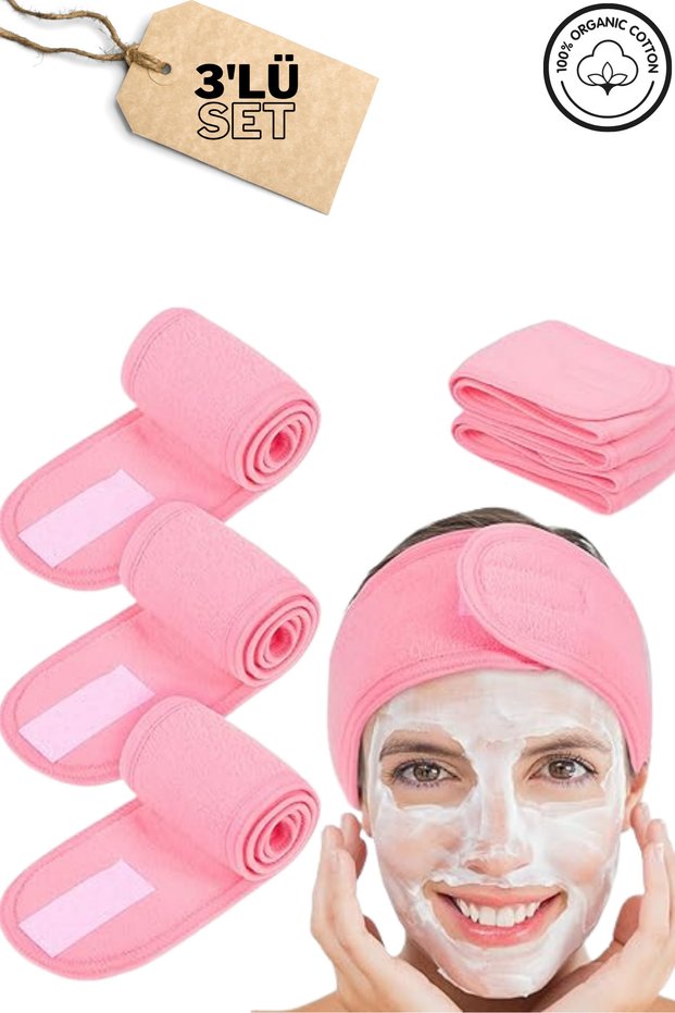 Hair Band Set of 3 Pink Color Towel Men & Women Makeup Yoga Spa Sports Bandana with Velcro Tape