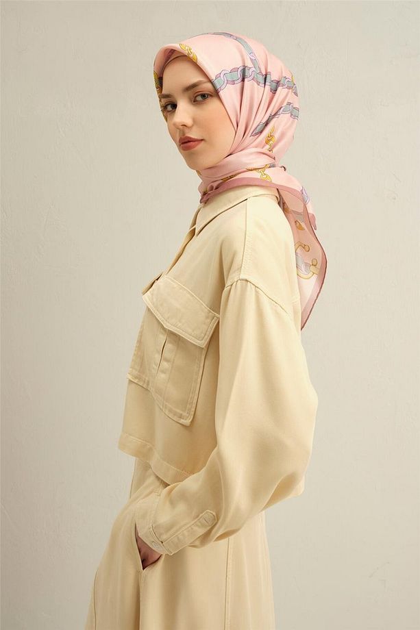 Desenli Saf Ipek Twill Eşarp 9346- 55 - 3
