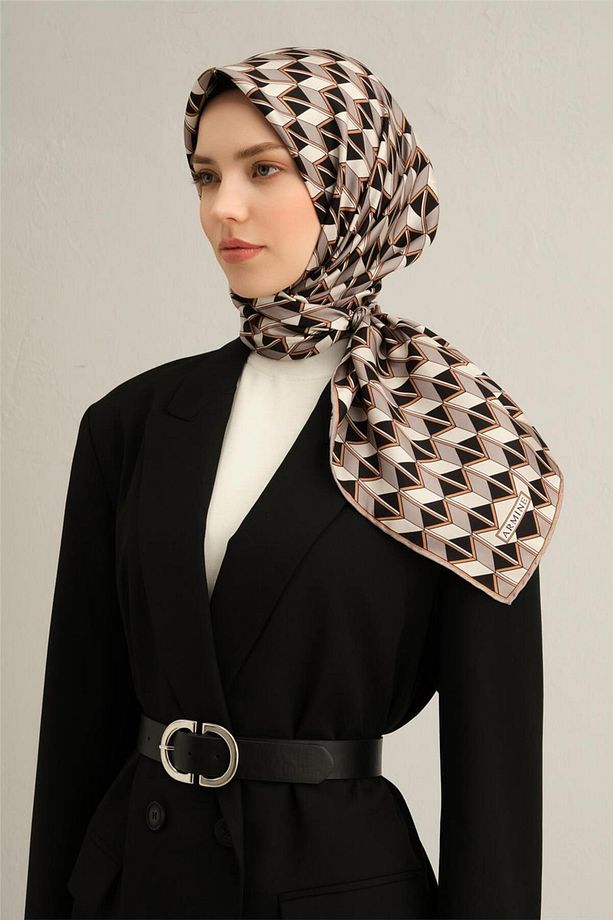 Desenli Saf Ipek Twill Eşarp 9309- 04 - 3