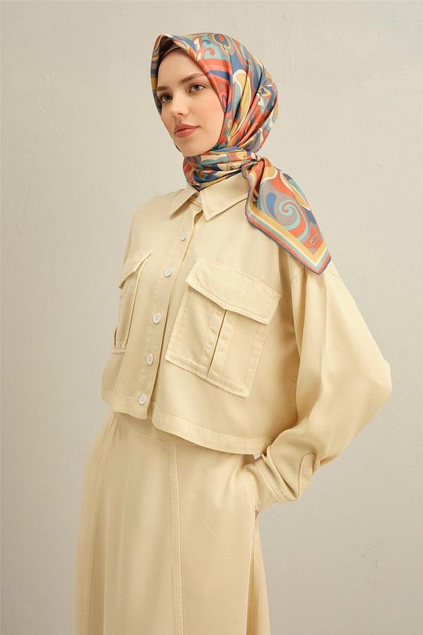 Desenli Saf Ipek Twill Eşarp 9323- 02 - 3