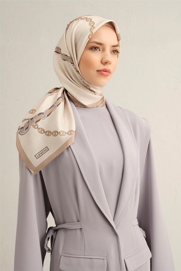 Desenli Saf Ipek Twill Eşarp 9346- 05 - 3