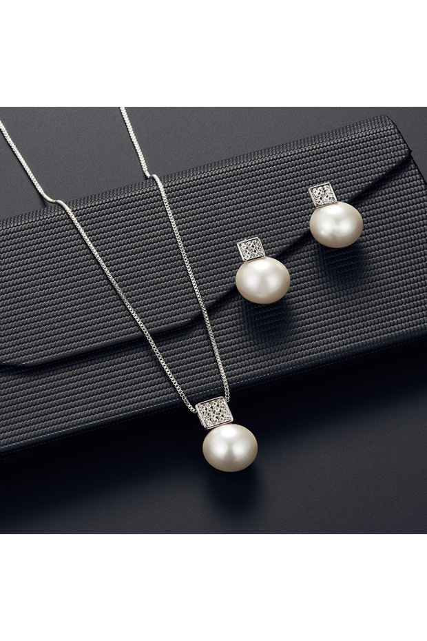 Silver 2 PCS Imitation Pearl Pendant Women Necklace Earring Stud Set Silver Color Snake Chain Square