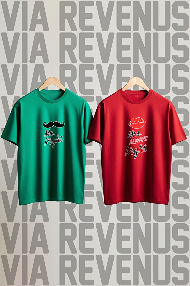 Mr. Right and Always Right Printed Wide Cut Crew Neck Lover Combination Tshirt