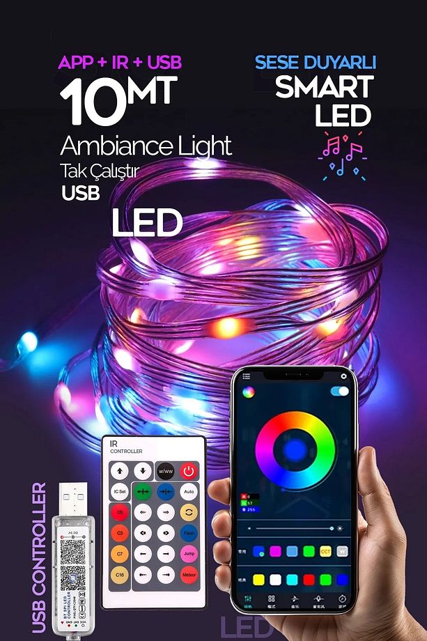 Bluetooth Telefon Kontrollü 10 Metre Şerit Led Sese Duyarlı Kumandalı Su Geçirmez Led - 1