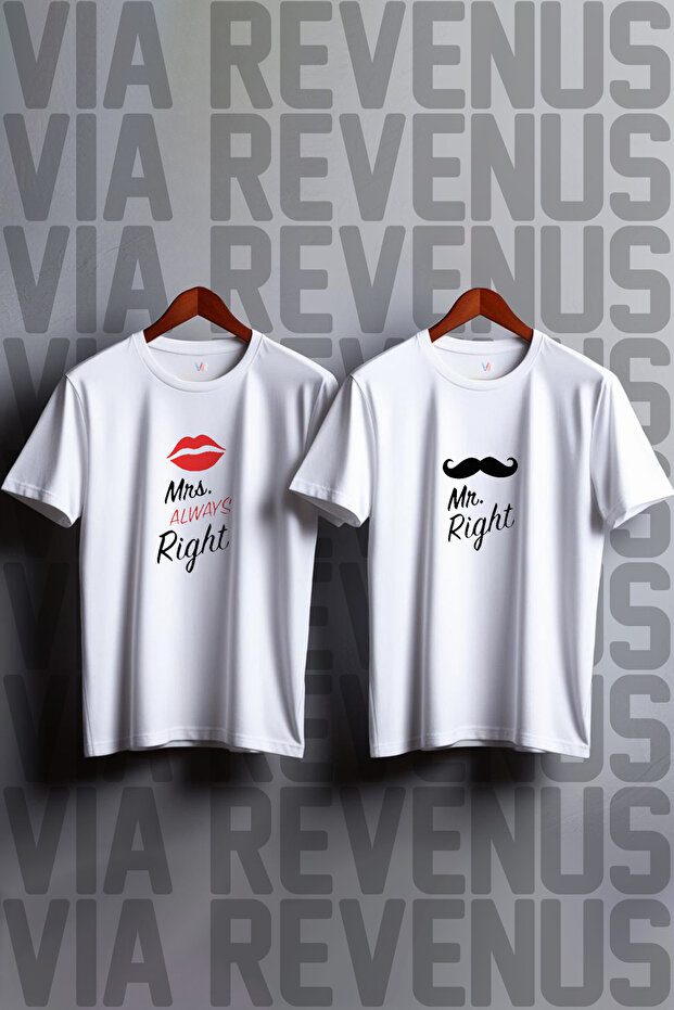 Mr. Right and Always Right Printed Wide Cut Crew Neck Lover Combination Tshirt