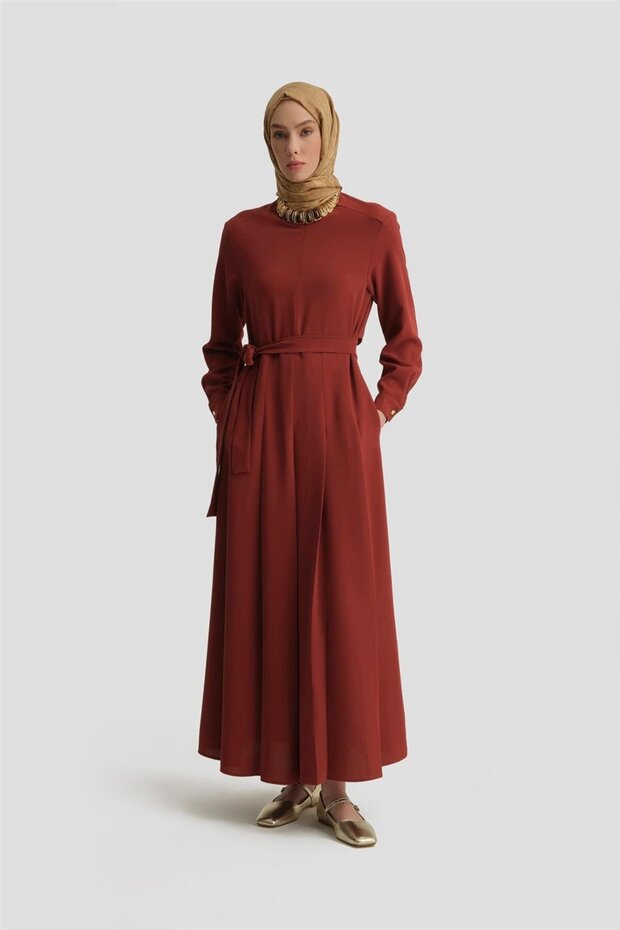 Pileli Elbise 25y9018 Koyu Kırmızı - 1