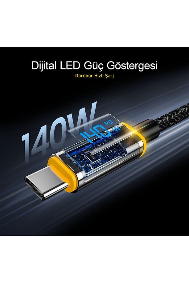 Magline Type-c To Type-c 140w Pd3.1 Led Ekranlı Örgülü 1.2m Süper Hızlı Şarj Ve Data Kablosu - 7
