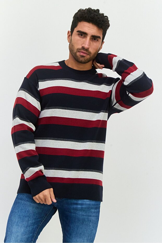 Men Crew Neck Stripe Sweater, Navy