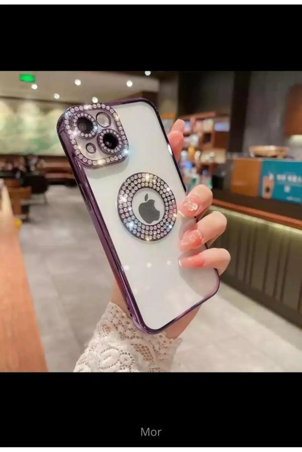 Apple iPhone 15 Compatible Case Camera Protected Stoned Shiny Logo Open Transparent Cover (Purple)