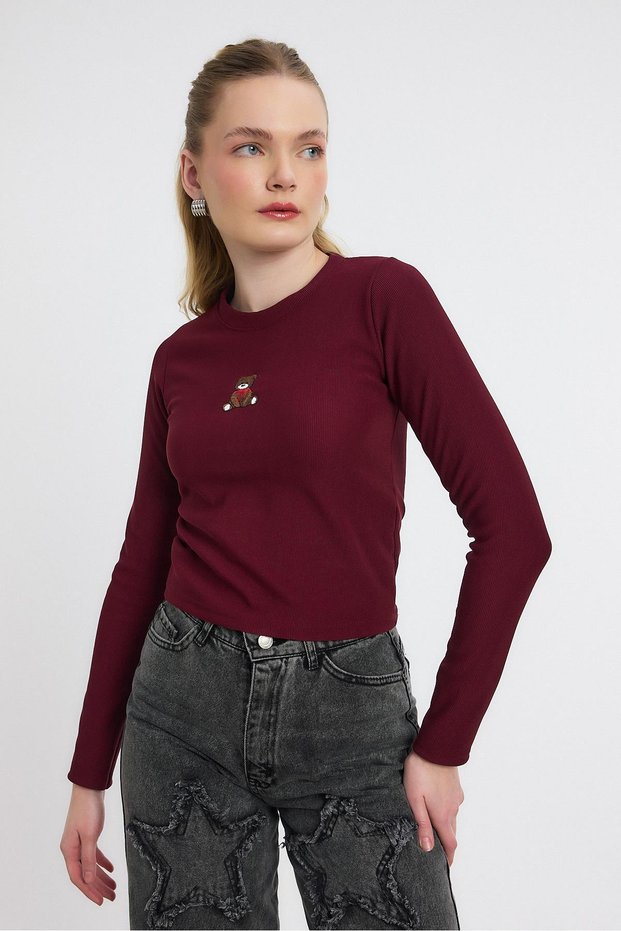 Burgundy Teddy Bear Embroidered Crew Neck Blouse 2200