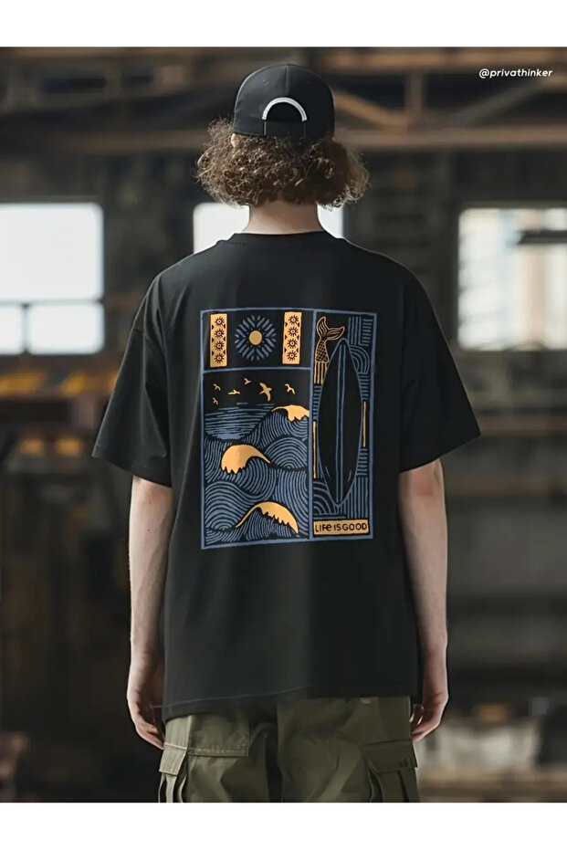 Unisex Large Size Life Is Good Printed Oversize 100% Cotton T-Shirt