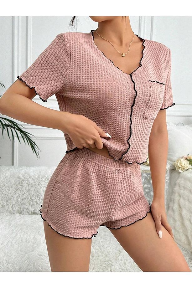 Gül Kurusu Pamuklu Özel Örme Kumaş Pijama Takımı - 3