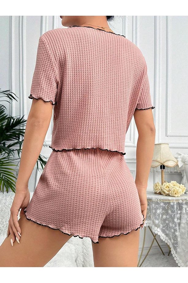 Gül Kurusu Pamuklu Özel Örme Kumaş Pijama Takımı - 6