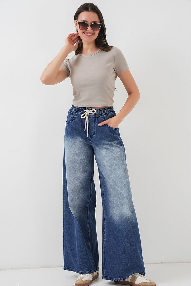 Kadın Bol Paça Kot Pantolon 6705 - Lacivert - 1