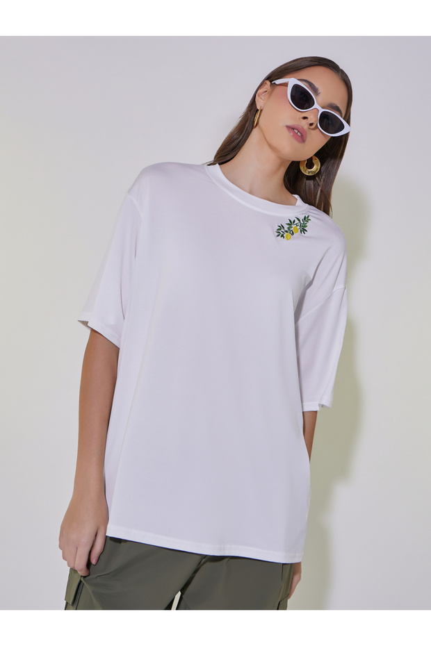 Embroidered Round Neck Oversized T-Shirt