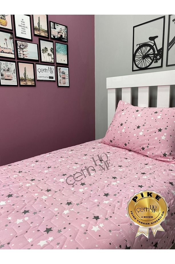 Çetinhome Tek Kişilik Kapitone Pike Seti 4 Mevsim Pembe Star - 3