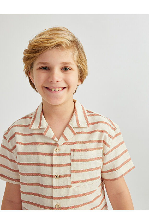 Short Sleeve Pocket Detailed Cotton Striped Shirt