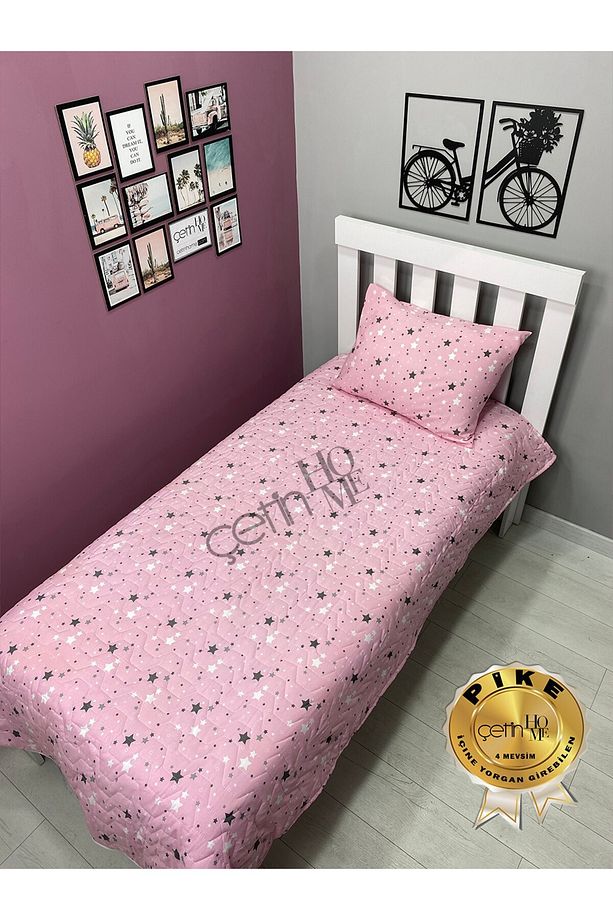 Çetinhome Tek Kişilik Kapitone Pike Seti 4 Mevsim Pembe Star - 1