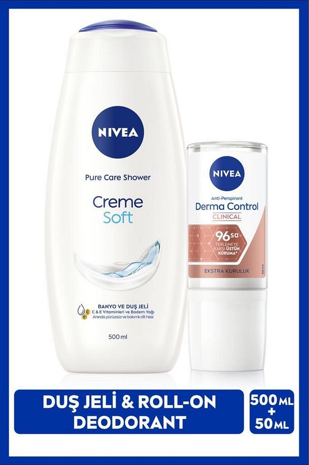 Kadın Creme Soft Duş Jeli 500ml Ve Roll-on Deodorant Derma Control Clinical 50ml, 96 Saat Ter Koruma - 1