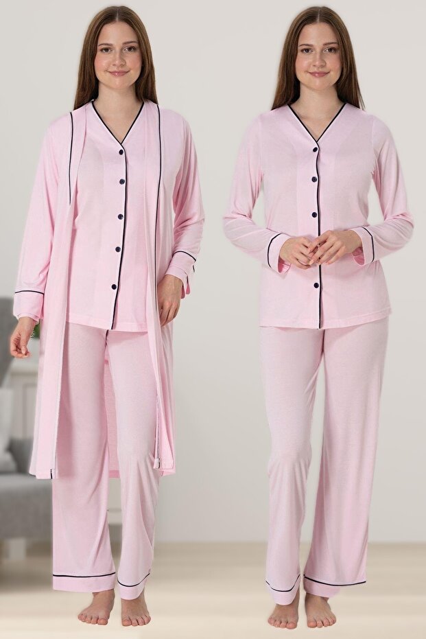 Women's Powder Front Buttoned Long Sleeve Maternity Pregnant Dressing Gown 3-Piece Pajama Set