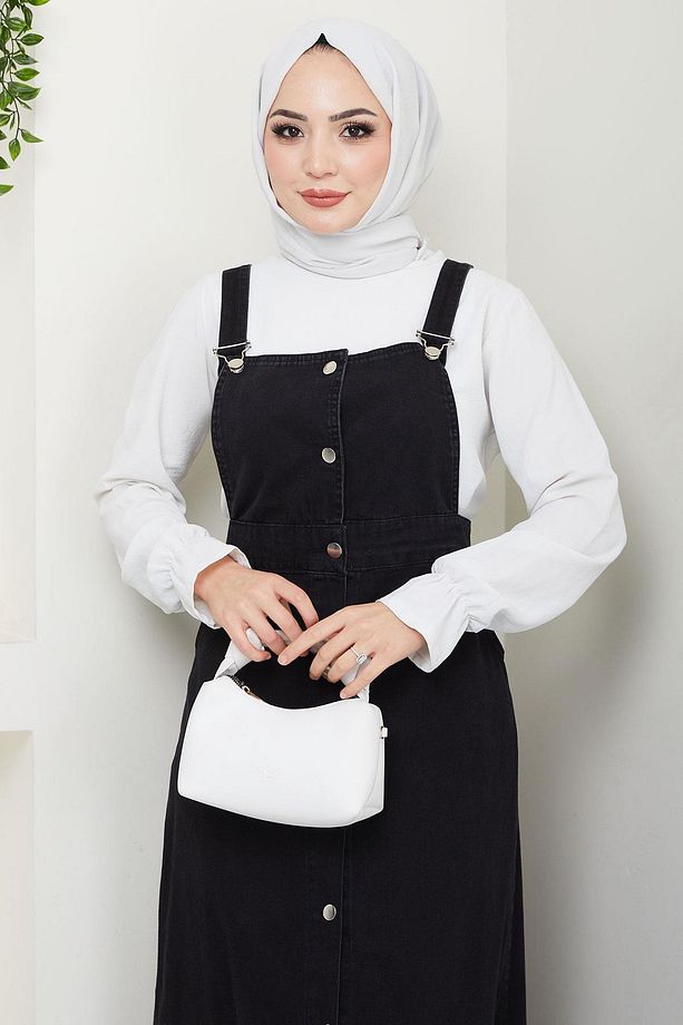 Eteği Fırfırlı Düğmeli Kot Salopet Elbise Siyah HM2672 - 3