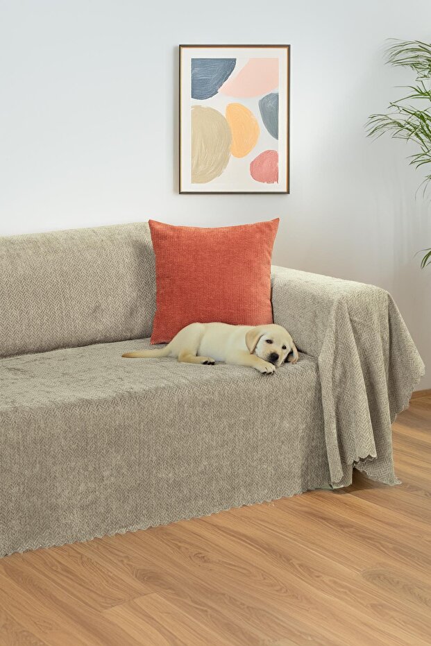 Zenit Sofa Cover 175X350 Xlarge Decorative Jacquard Chenille | Sofa Cover | Non-Slip, Sand Beige