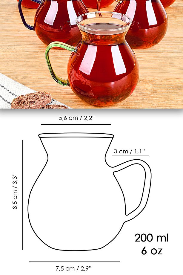 6'lı Renkli Kulplu Borosilikat Cam Çay Bardağı Seti - Kulplu Tombul Cam Bardak 200 ml - 6
