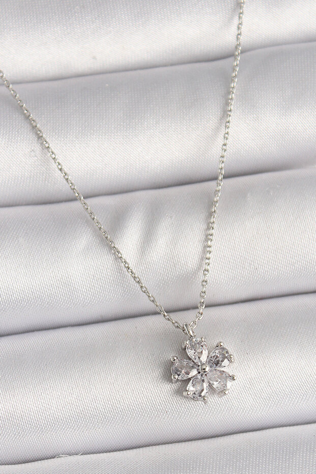 Brass Silver Color Zircon Stone Flower Model Women's Necklace - Tj-Bko9833