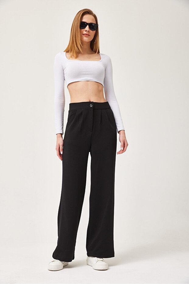 High Waist Pocket Palazzo Trousers Black