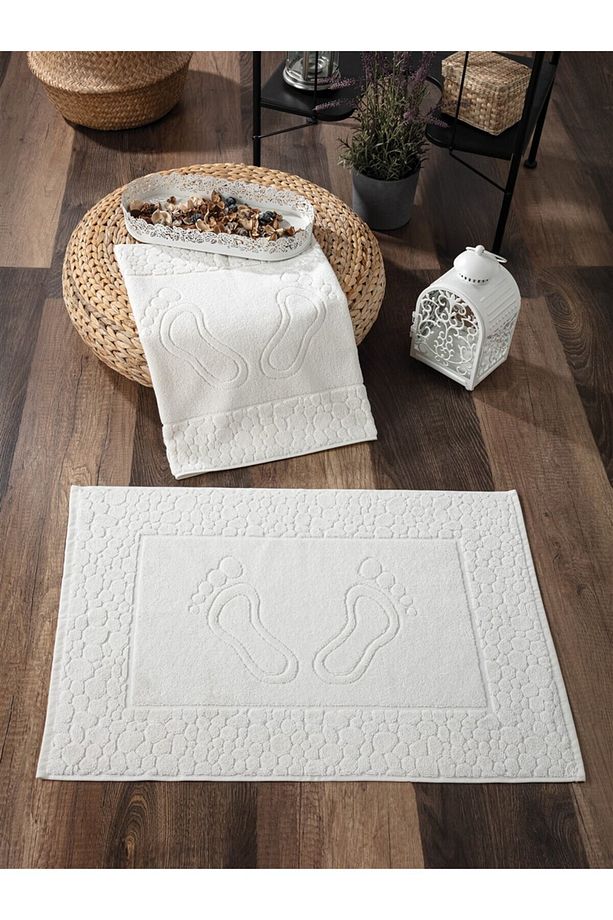 2'li Ayak İzli Havlu Paspas - %100 Pamuk Ayak Havlusu- Dayanıklı ve Yüksek Su Emici - 50x70cm - Ekru - 1
