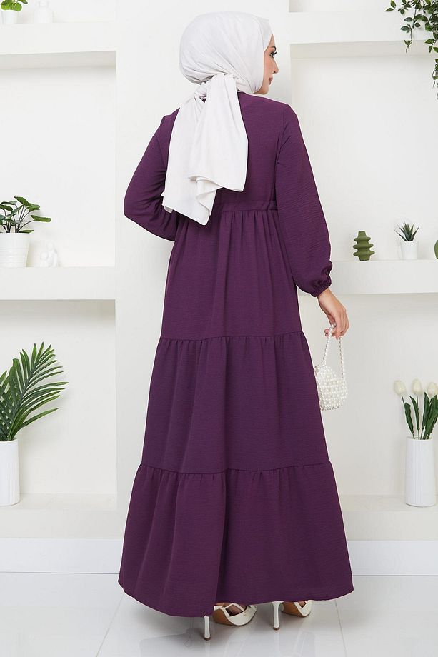 Büzgülü Düğmeli Ayrobin Elbise Mor HM8811 - 5