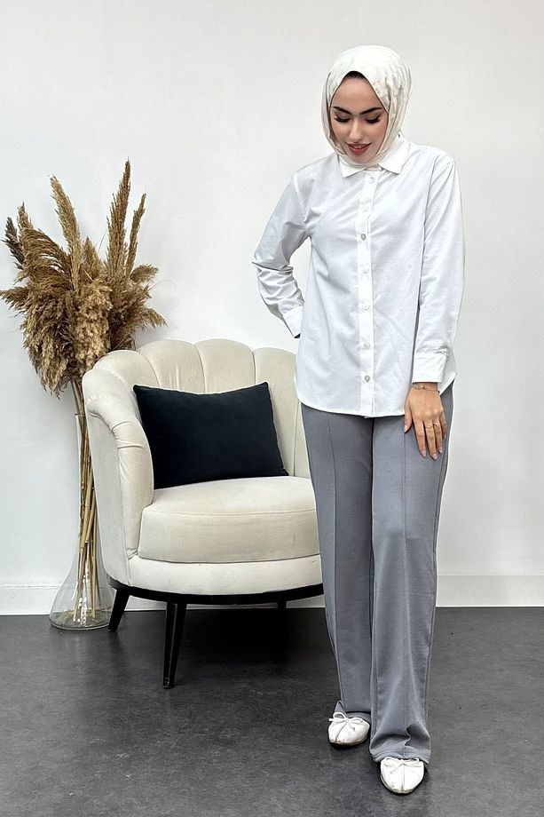 Kadın Önü Çimalı Likralı Krep Kumaş Pantalon - 4