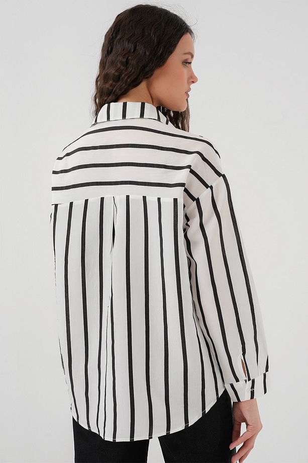 20254 Çizgili Oversize Basic Gömlek - Siyah - Beyaz - 6