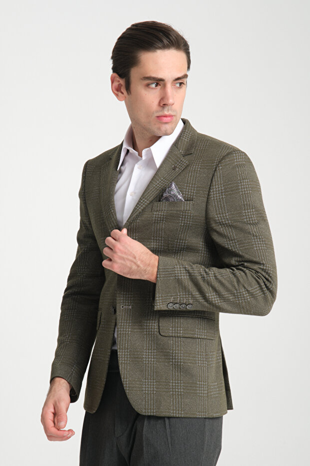 Eleventy Men's Khaki Lycra Cotton Blended Plaid Pattern Slim Fit Sports Blazer Jacket