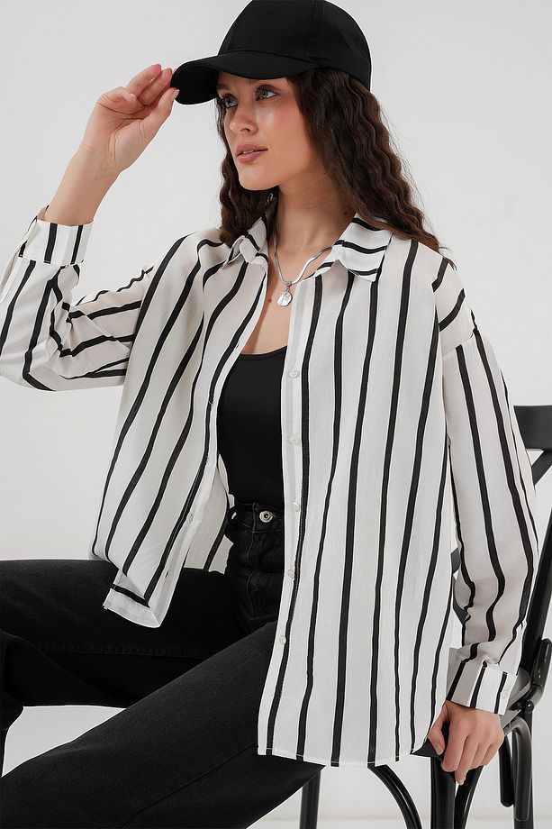 20254 Çizgili Oversize Basic Gömlek - Siyah - Beyaz - 3