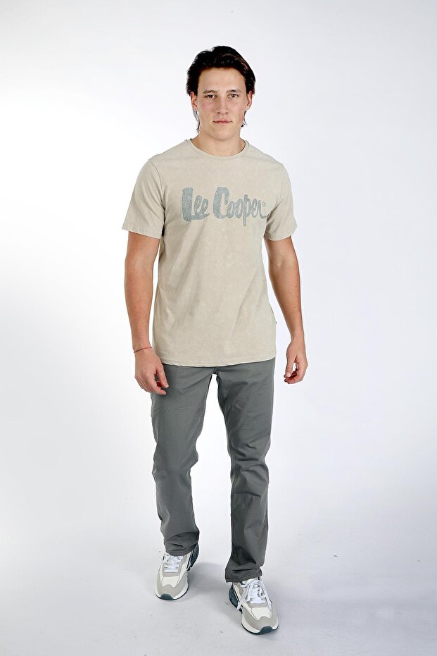 New Drawing Men's 100% Cotton O Neck T-Shirt Beige